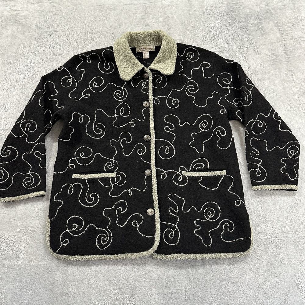 Vtg Norm Thompson Button Cardigan Sweater Women L Black Wool